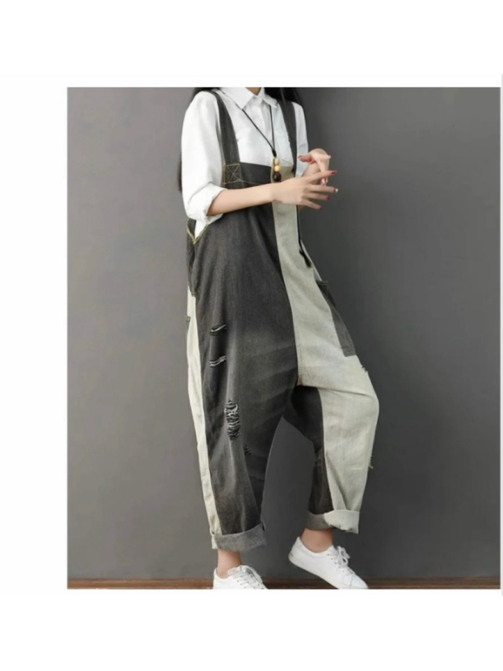 Monthorigin Boho Baggy oversized 
Distressed Color-block denim Overalls